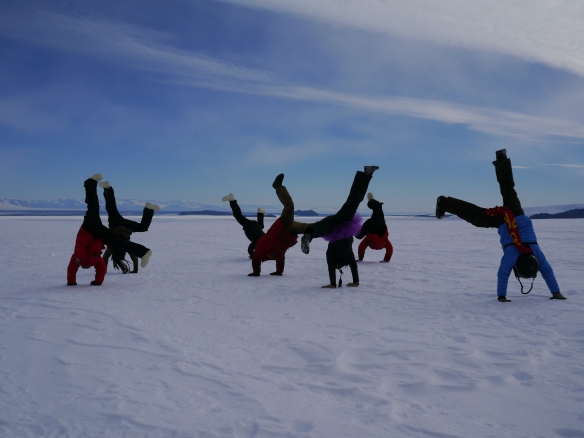 A group cartwheel session on the route to "Room With A View".  I am on the far right in the blue jacket.  This pic was taken on my birthday which is why I'm wearing the Birthday Boy cape!